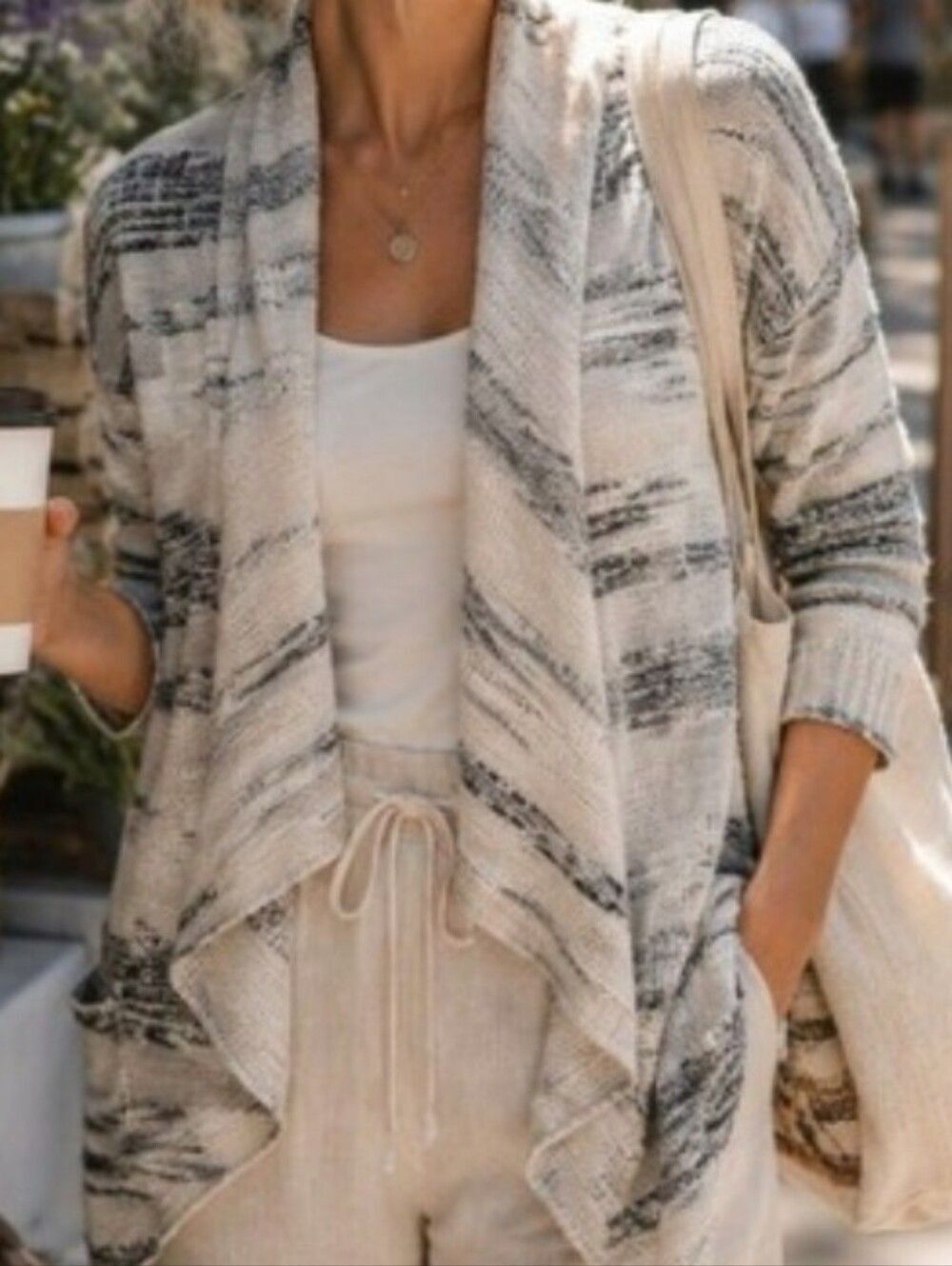 Cardigan Sweater Wool Mohair Blend M Open Knit Multicolor Cream Grey Lagenlook